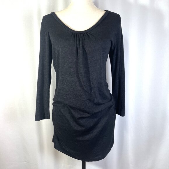 Michael Stars Maternity Mini Dress OS Black Textured Knit Ruched Soft V Neck - Picture 1 of 12